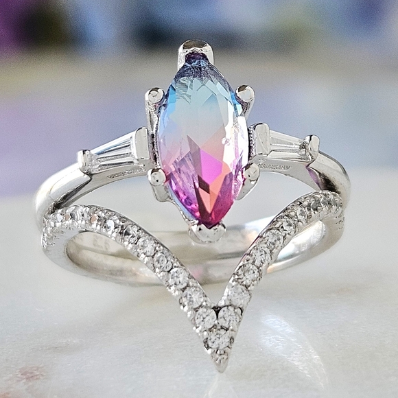 Pink & Purple marquise Gemstone Ring, real 925 Sterling Silver Charmed Aroma - Picture 1 of 4